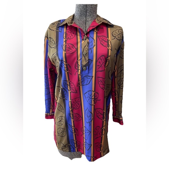 Vera Neumann fall top-size 6-leaf pattern-polyester-button up-slit sides Vintage - Picture 1 of 10